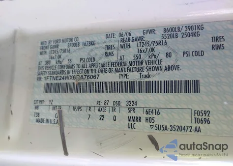 2006 Ford E-250 Commercial/Recreational из США, поврежденный, VIN 1FTNE24WX6DA76067